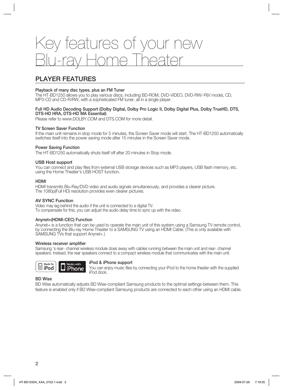 Key features of your newblu-ray home theater, Key features of your new blu-ray home theater, Player features | Samsung HT-BD1250T-XAA User Manual | Page 2 / 108