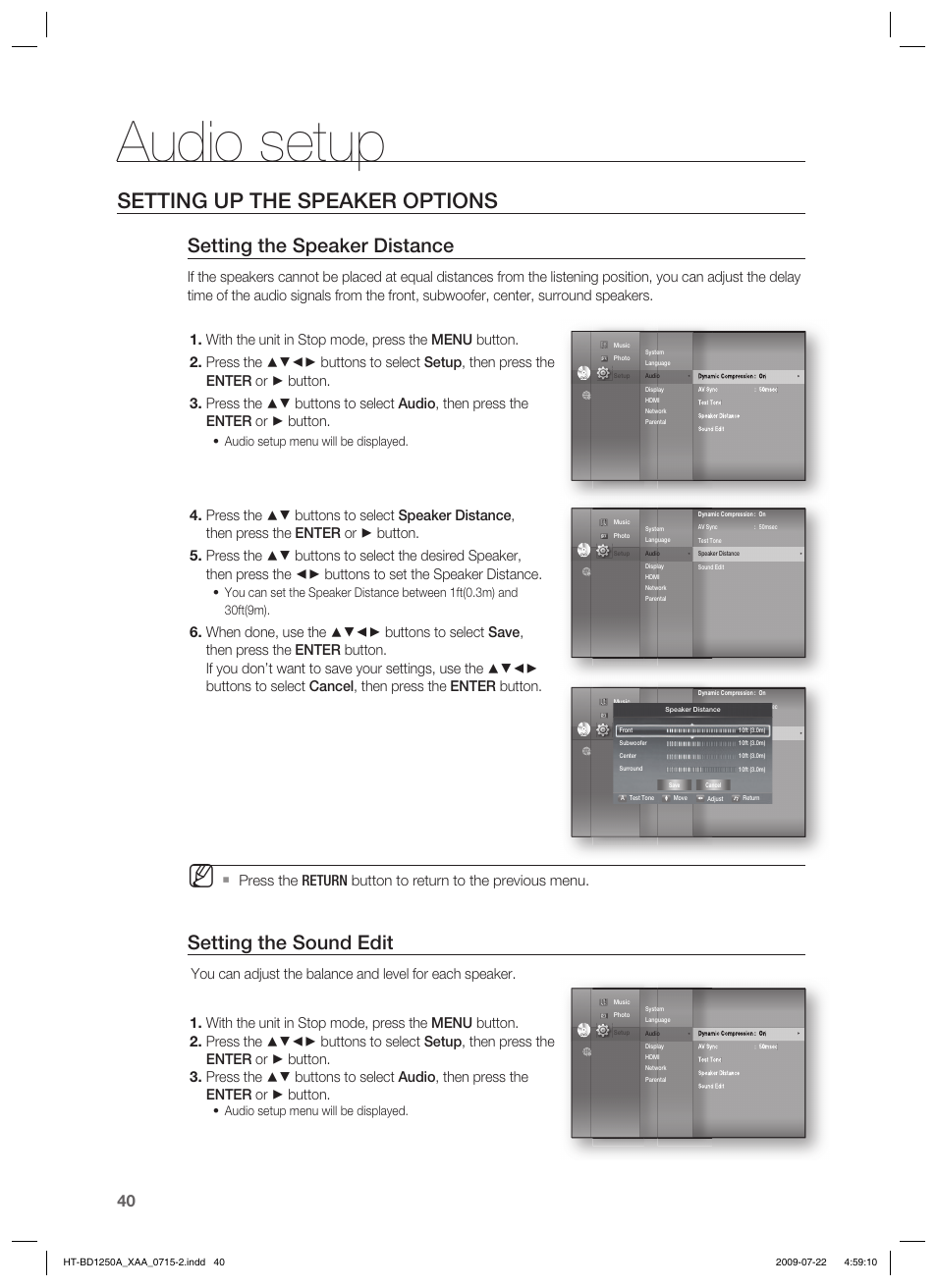 Audio setup, Setting up the speaker options, Setting the speaker distance | Setting the sound edit, Audio setup menu will be displayed | Samsung HT-BD1250T-XAA User Manual | Page 40 / 108