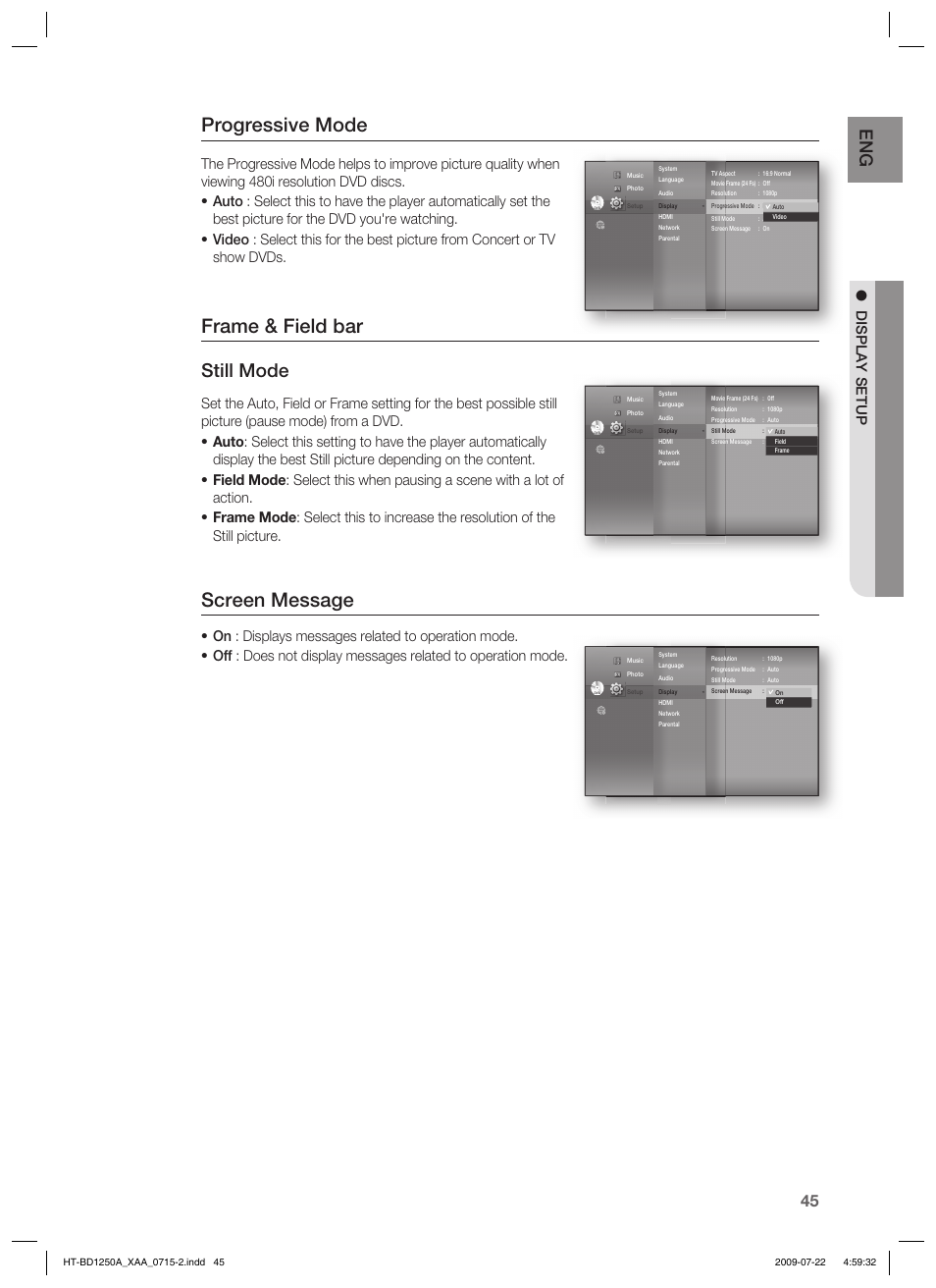 Progressive mode, Frame & field bar, Screen message | Still mode, Display setup | Samsung HT-BD1250T-XAA User Manual | Page 45 / 108