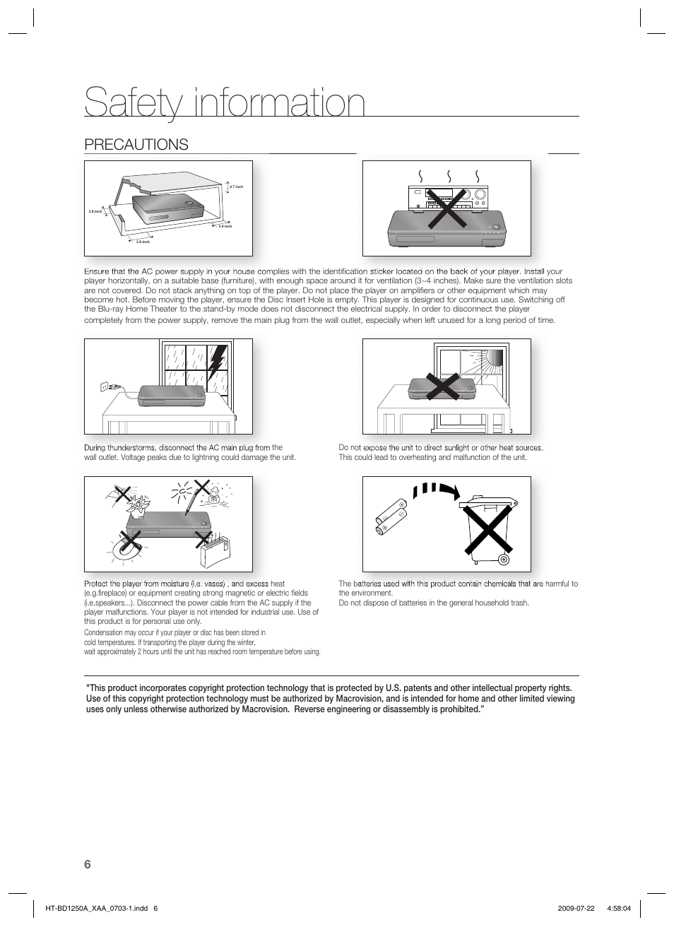 Safety information, Precautions | Samsung HT-BD1250T-XAA User Manual | Page 6 / 108