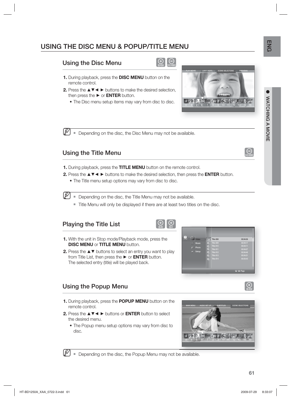 Using the disc menu & popup/title menu, Using the disc menu, Using the title menu | Playing the title list, Using the popup menu, Watching a movie | Samsung HT-BD1250T-XAA User Manual | Page 61 / 108