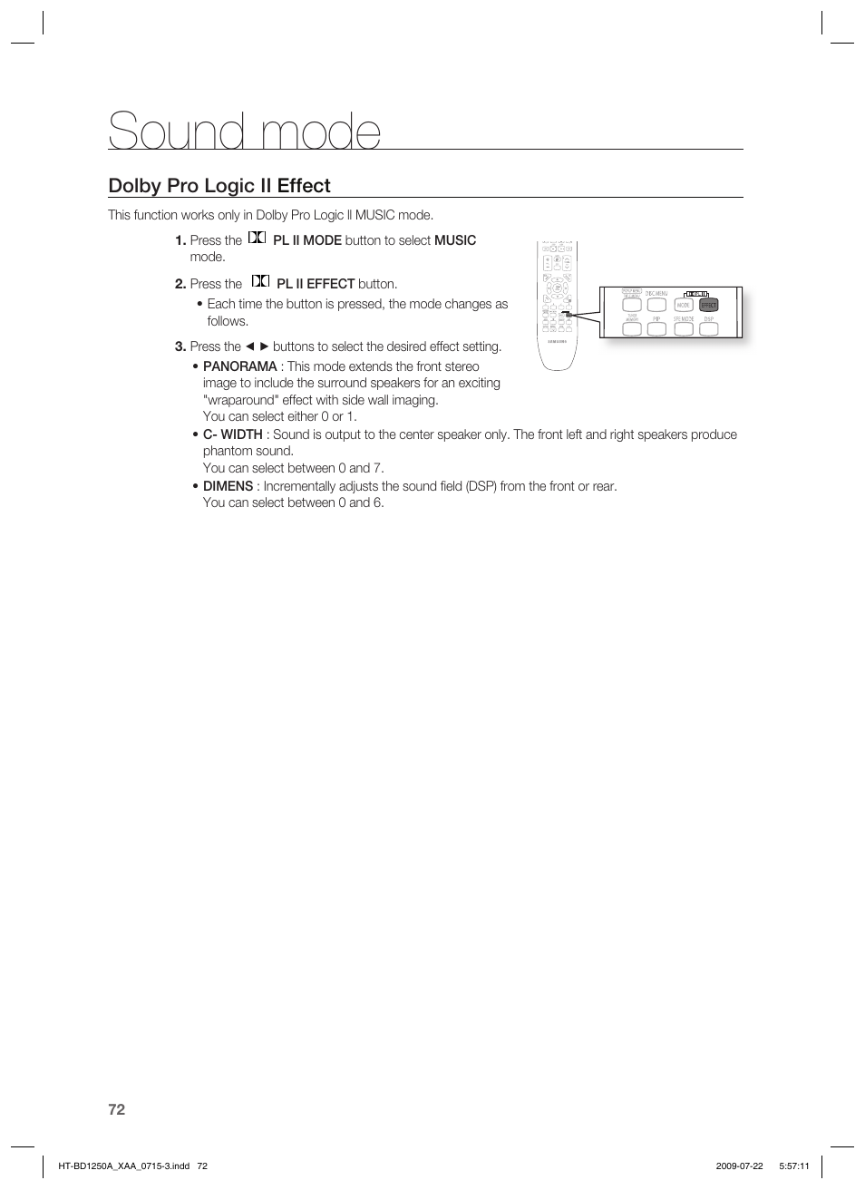 Sound mode, Dolby pro logic ii effect | Samsung HT-BD1250T-XAA User Manual | Page 72 / 108