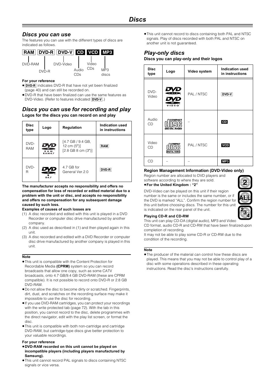 Discs, Discs you can use, Ram] [dvd-r] [dvd-v] [cd] [vcd] [mp3 | Discs you can use for recording and play, Play-only discs | Samsung DVD-R4000 User Manual | Page 10 / 80