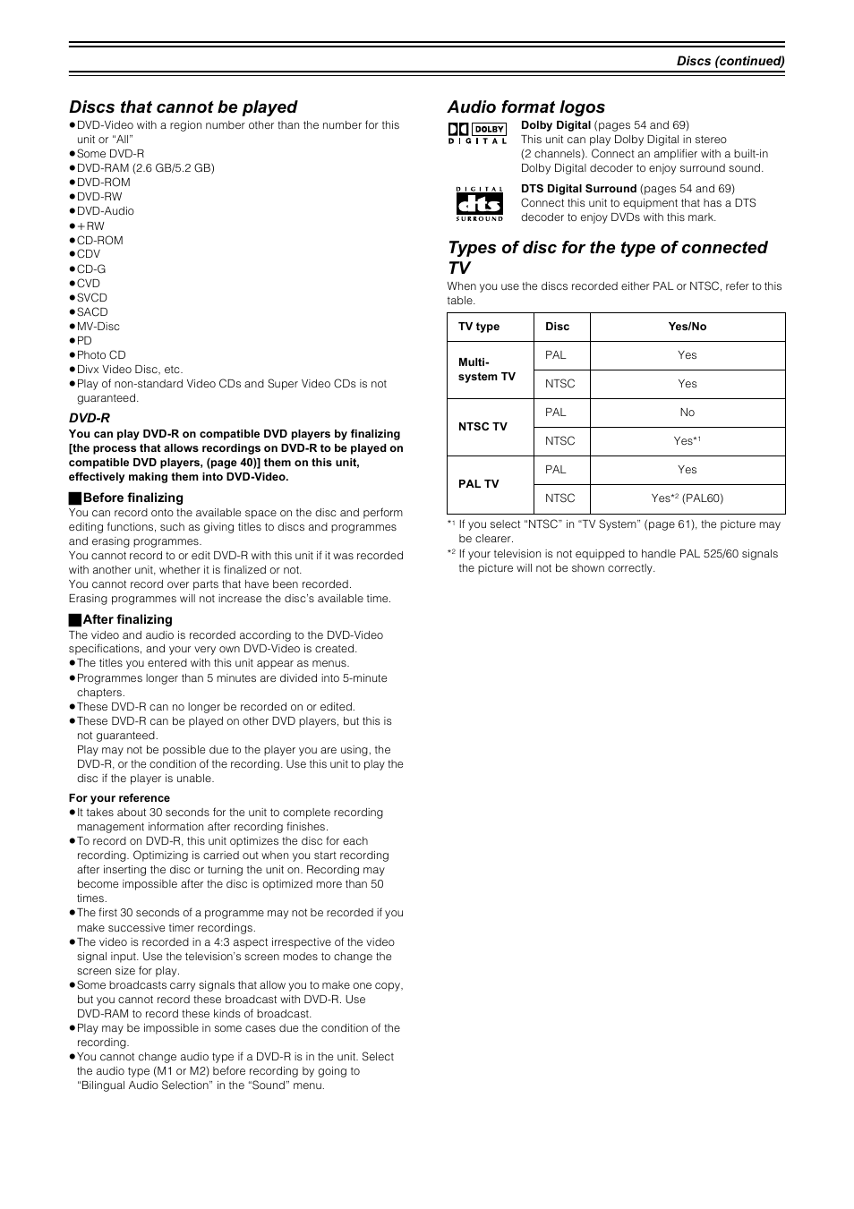 Discs that cannot be played, Audio format logos, Types of disc for the type of connected tv | Samsung DVD-R4000 User Manual | Page 11 / 80