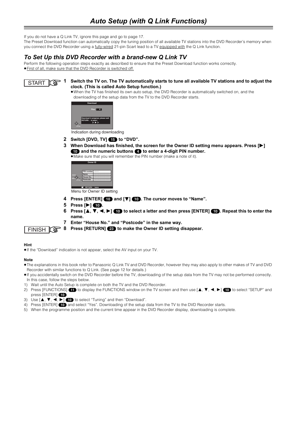 Auto setup (with q link functions), Finish start | Samsung DVD-R4000 User Manual | Page 16 / 80