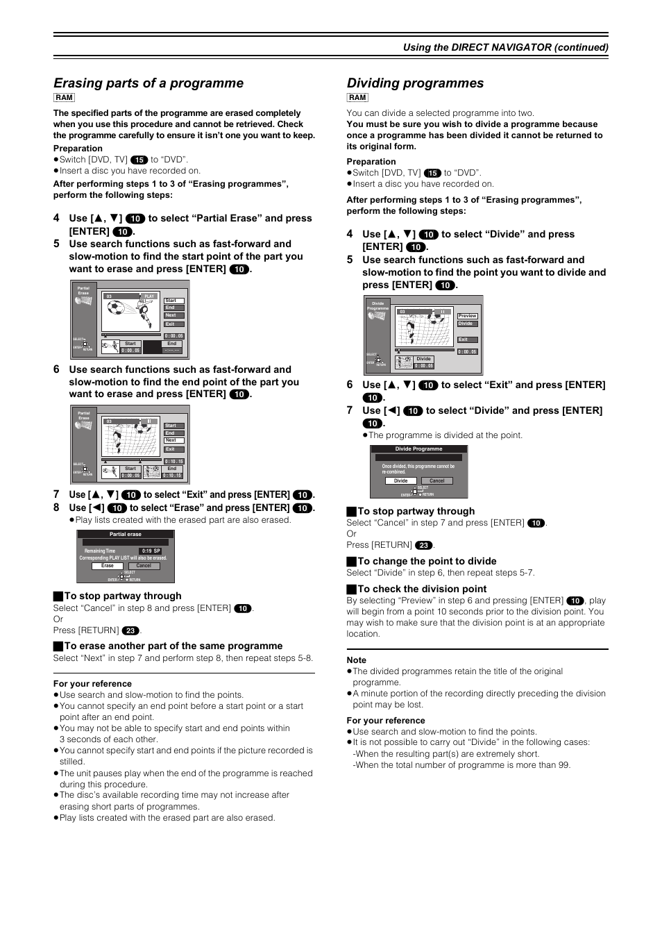Erasing parts of a programme, Dividing programmes, Using the direct navigator (continued) | ª to stop partway through, ª to erase another part of the same programme, ª to change the point to divide, ª to check the division point | Samsung DVD-R4000 User Manual | Page 44 / 80