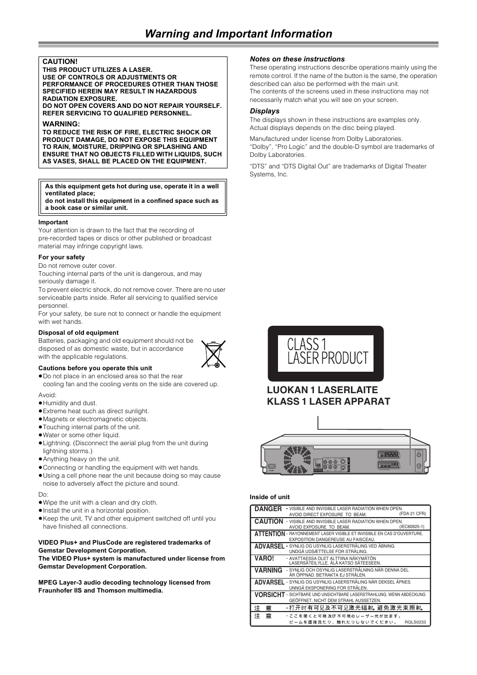 Warning and important information, Luokan 1 laserlaite klass 1 laser apparat, Displays | Caution, Warning, Varning, Vorsicht, Attention, Danger, Advarsel | Samsung DVD-R4000 User Manual | Page 6 / 80