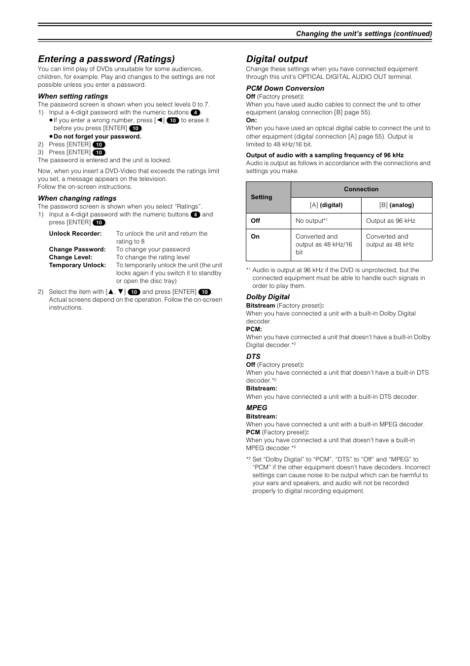 Entering a password (ratings), Digital output | Samsung DVD-R4000 User Manual | Page 62 / 80