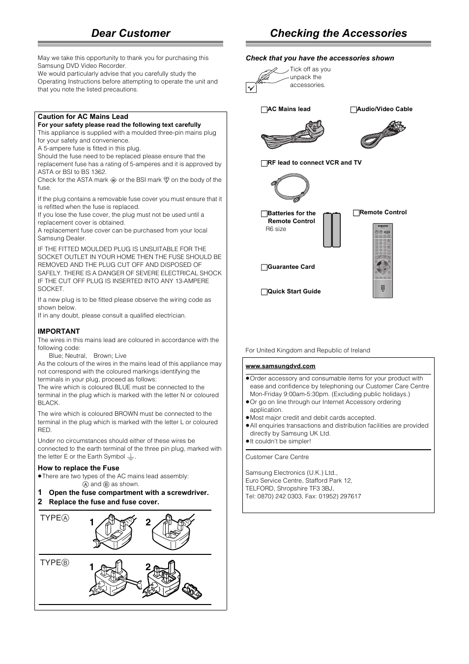 Dear customer, Checking the accessories | Samsung DVD-R4000 User Manual | Page 7 / 80