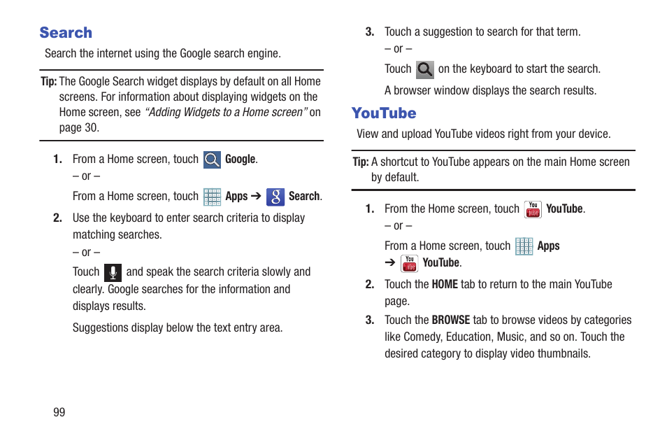 Search, Youtube, Search youtube | For more | Samsung GT-P5113TSYXAR User Manual | Page 104 / 242