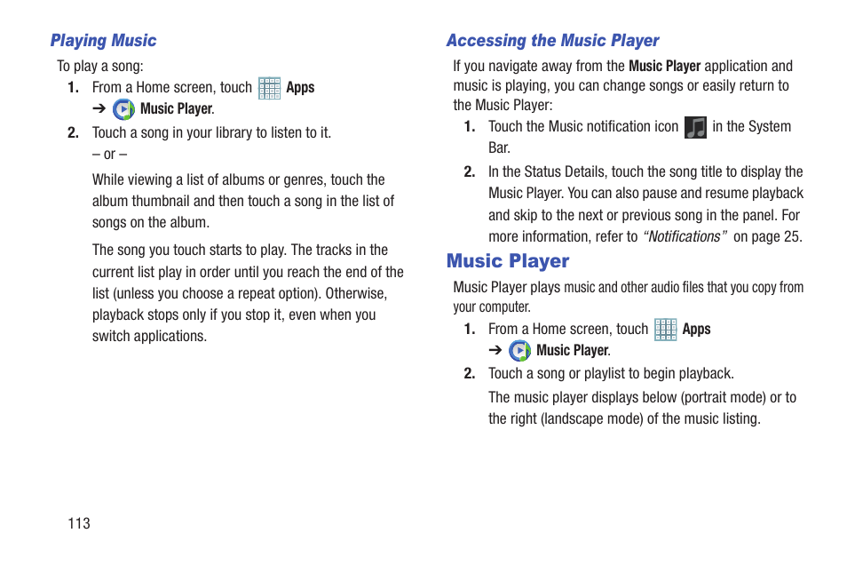 Music player, Sts. for more information, refer to “music | Samsung GT-P5113TSYXAR User Manual | Page 118 / 242