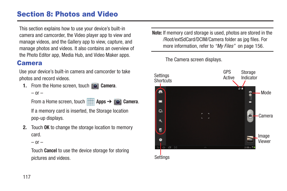 Section 8: photos and video, Camera | Samsung GT-P5113TSYXAR User Manual | Page 122 / 242