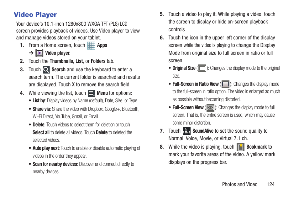 Video player | Samsung GT-P5113TSYXAR User Manual | Page 129 / 242
