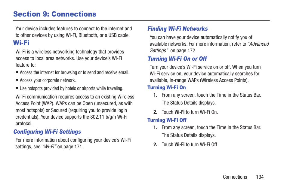 Section 9: connections, Wi-fi, I. for more information | Samsung GT-P5113TSYXAR User Manual | Page 139 / 242