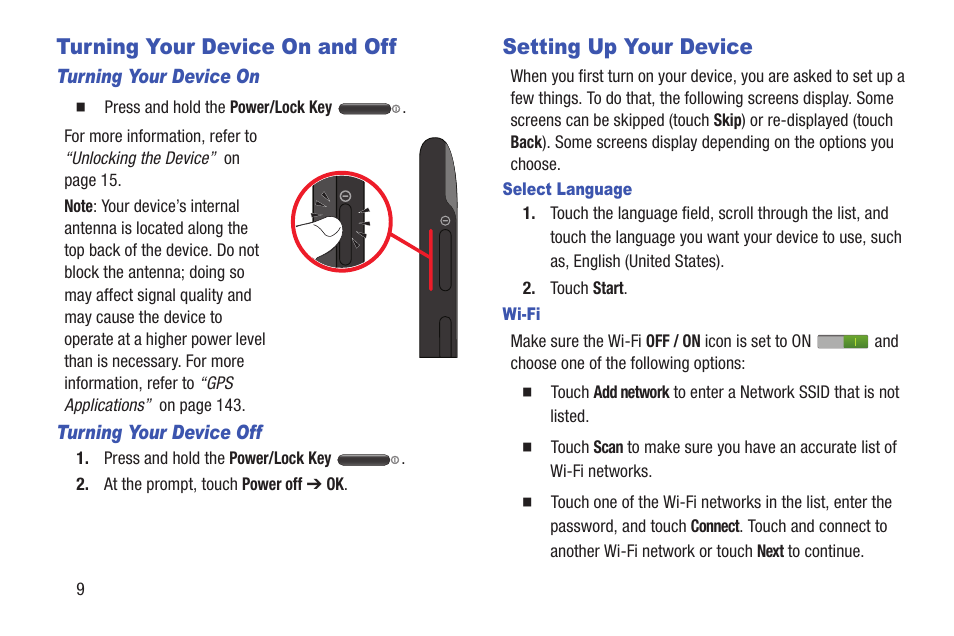 Turning your device on and off, Setting up your device | Samsung GT-P5113TSYXAR User Manual | Page 14 / 242