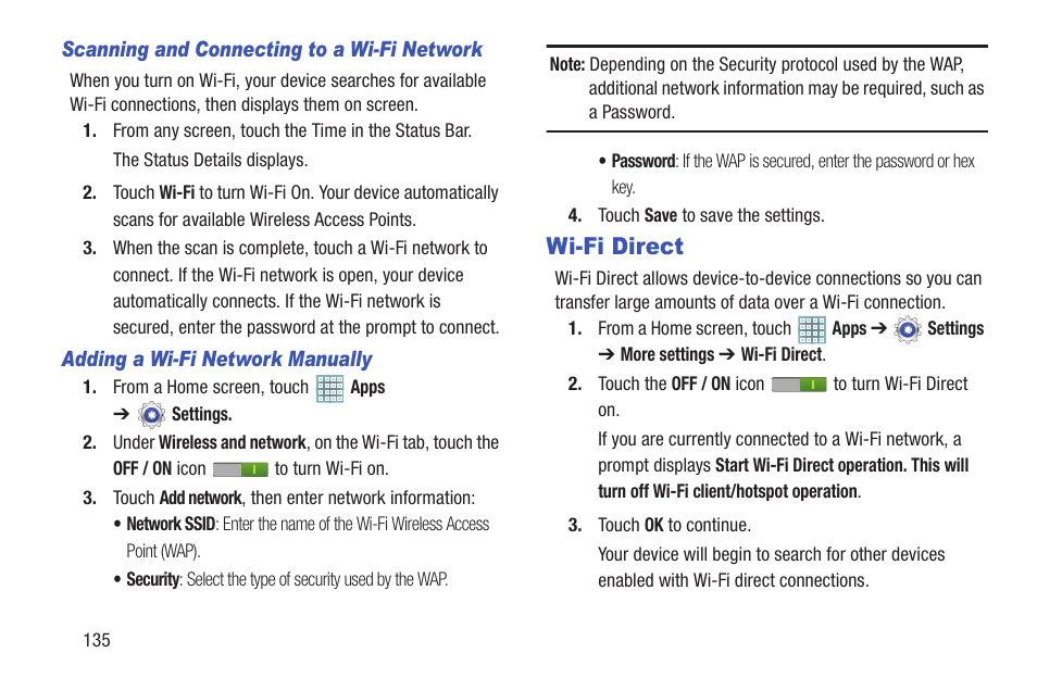 Wi-fi direct | Samsung GT-P5113TSYXAR User Manual | Page 140 / 242
