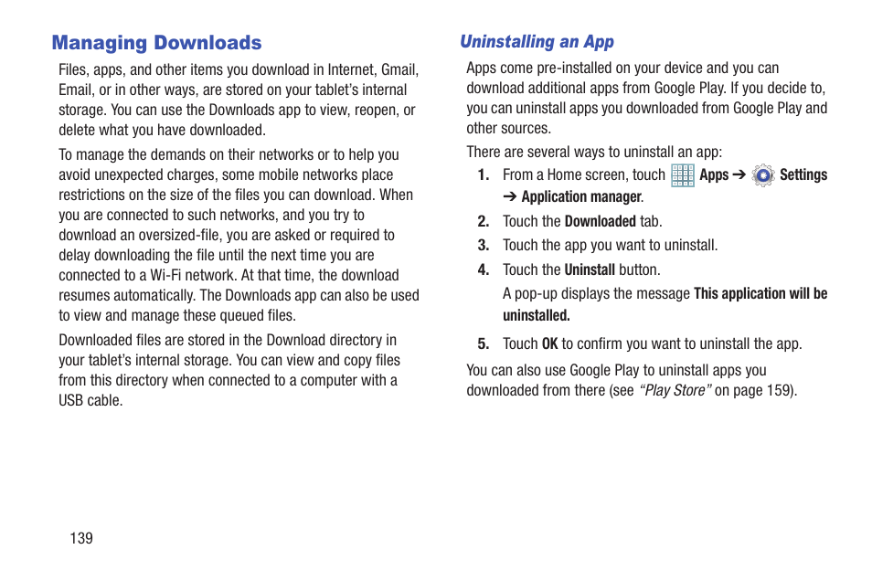 Managing downloads | Samsung GT-P5113TSYXAR User Manual | Page 144 / 242