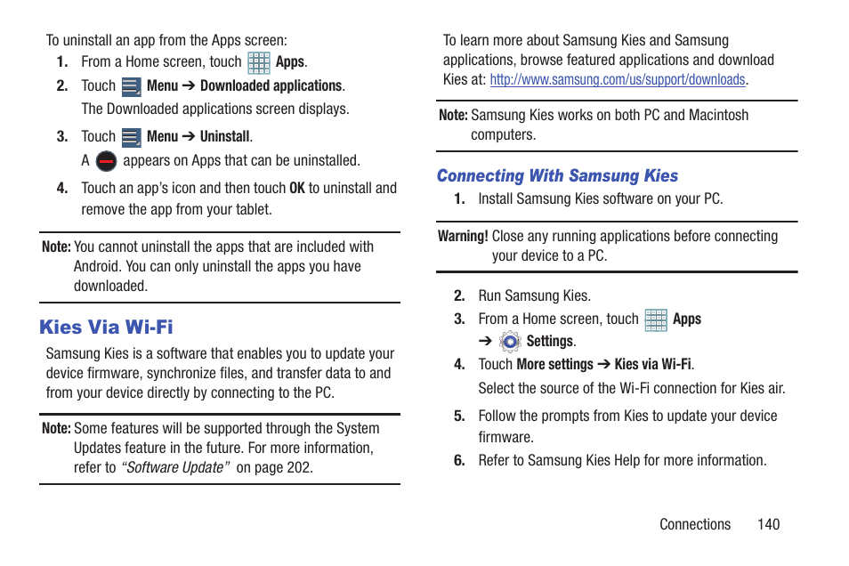 Kies via wi-fi | Samsung GT-P5113TSYXAR User Manual | Page 145 / 242