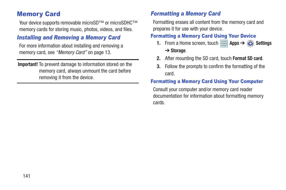 Memory card | Samsung GT-P5113TSYXAR User Manual | Page 146 / 242