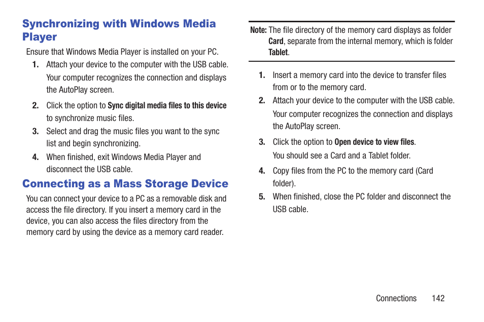 Synchronizing with windows media player, Connecting as a mass storage device | Samsung GT-P5113TSYXAR User Manual | Page 147 / 242