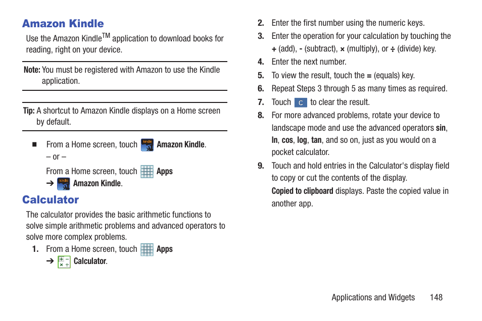 Amazon kindle, Calculator, Amazon kindle calculator | Samsung GT-P5113TSYXAR User Manual | Page 153 / 242