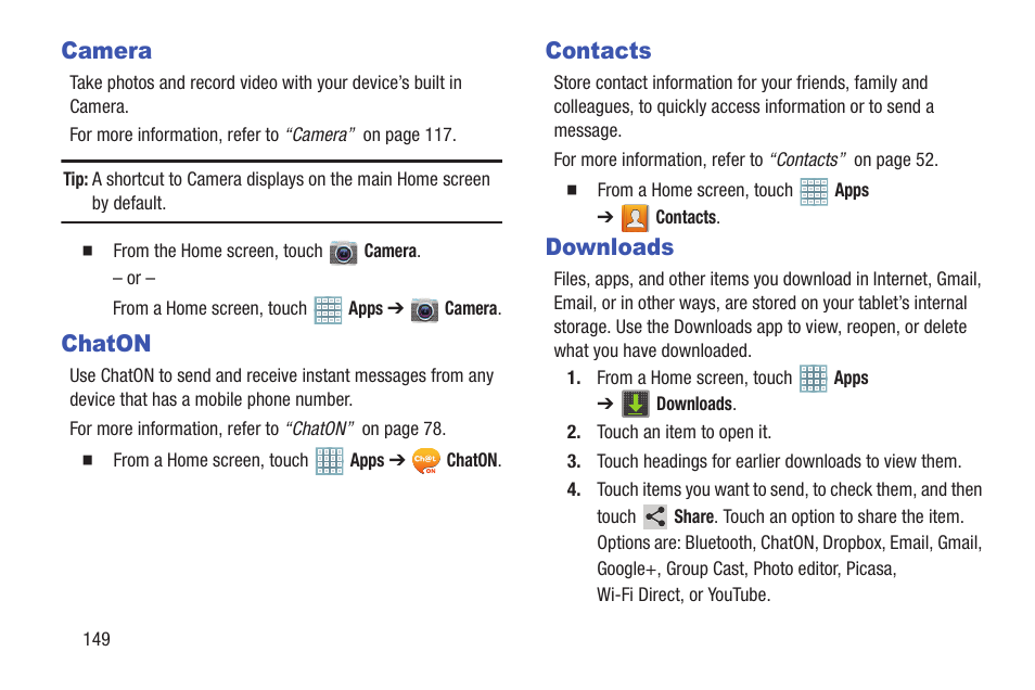 Camera, Chaton, Contacts | Downloads, Camera chaton contacts downloads | Samsung GT-P5113TSYXAR User Manual | Page 154 / 242