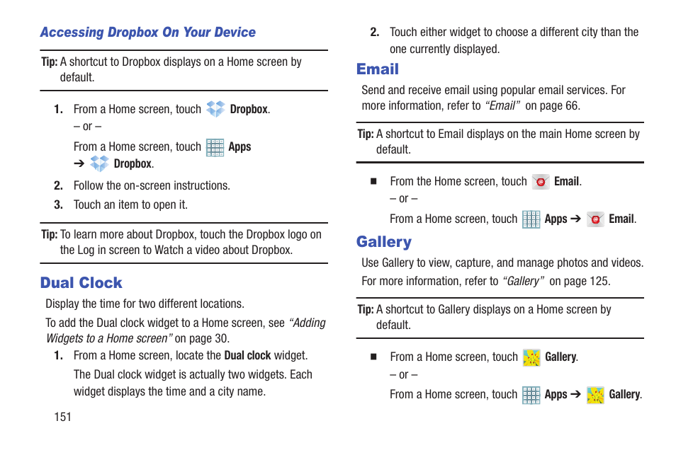 Dual clock, Email, Gallery | Dual clock email gallery, Ocks. for more, For more | Samsung GT-P5113TSYXAR User Manual | Page 156 / 242