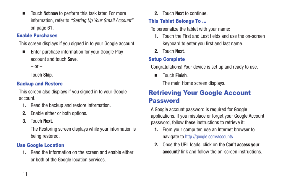 Retrieving your google account password | Samsung GT-P5113TSYXAR User Manual | Page 16 / 242
