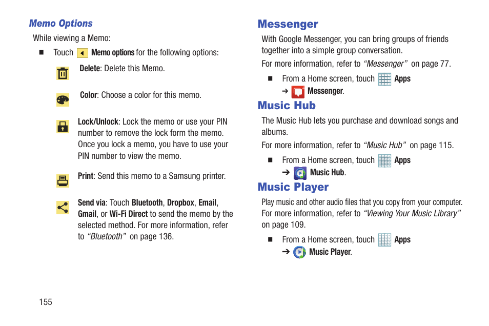 Messenger, Music hub, Music player | Messenger music hub music player | Samsung GT-P5113TSYXAR User Manual | Page 160 / 242