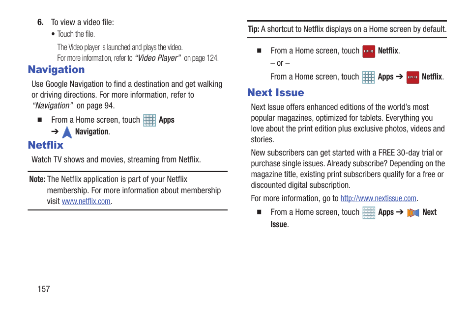 Navigation, Netflix, Next issue | Navigation netflix next issue | Samsung GT-P5113TSYXAR User Manual | Page 162 / 242