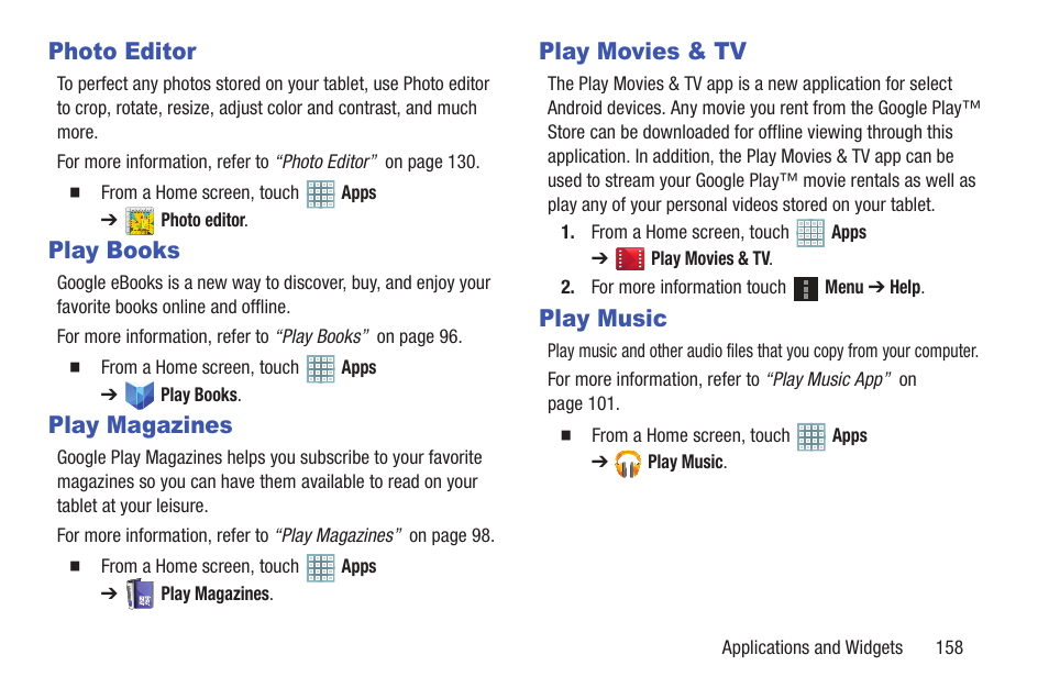 Photo editor, Play books, Play magazines | Play movies & tv, Play music | Samsung GT-P5113TSYXAR User Manual | Page 163 / 242