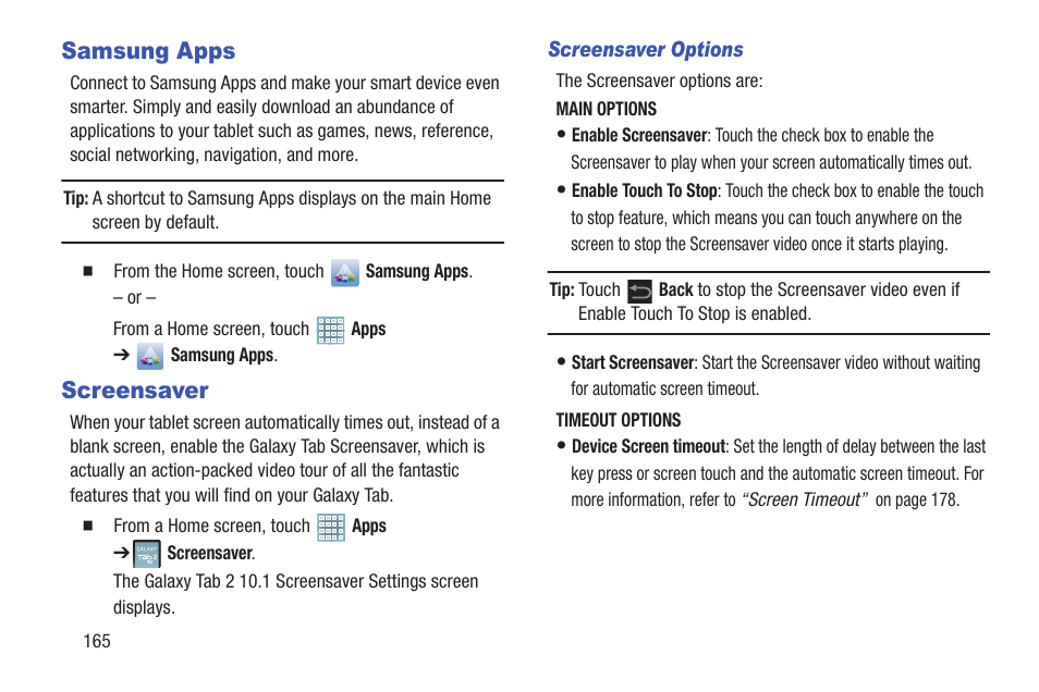 Samsung apps, Screensaver, Samsung apps screensaver | Samsung GT-P5113TSYXAR User Manual | Page 170 / 242