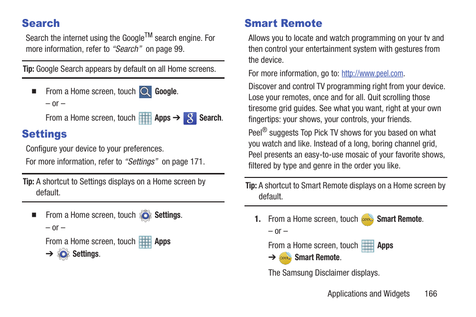 Search, Settings, Smart remote | Search settings smart remote | Samsung GT-P5113TSYXAR User Manual | Page 171 / 242