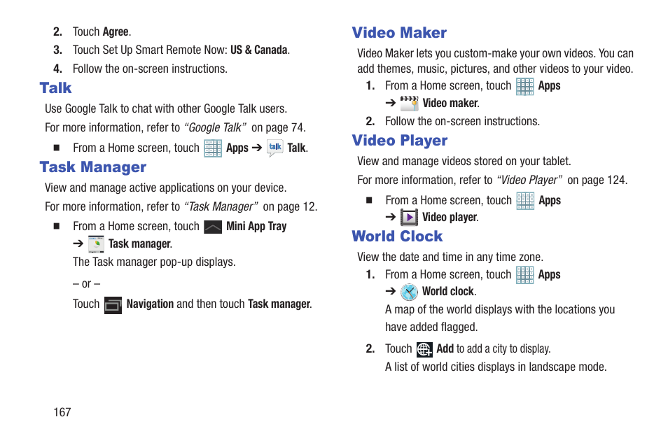 Talk, Task manager, Video maker | Video player, World clock | Samsung GT-P5113TSYXAR User Manual | Page 172 / 242