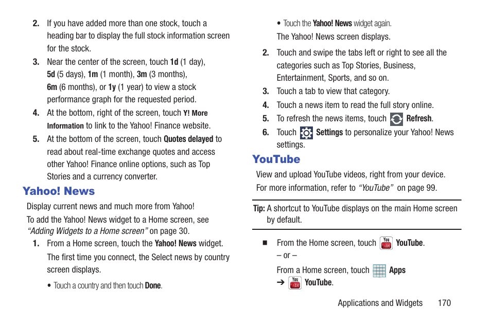 Yahoo! news, Youtube, Yahoo! news youtube | Samsung GT-P5113TSYXAR User Manual | Page 175 / 242