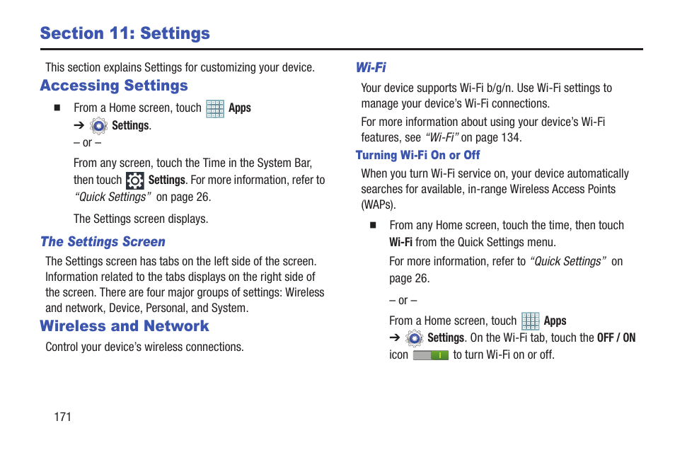 Section 11: settings, Accessing settings, Wireless and network | Accessing settings wireless and network, For more, For more information, refer to “settings” on | Samsung GT-P5113TSYXAR User Manual | Page 176 / 242