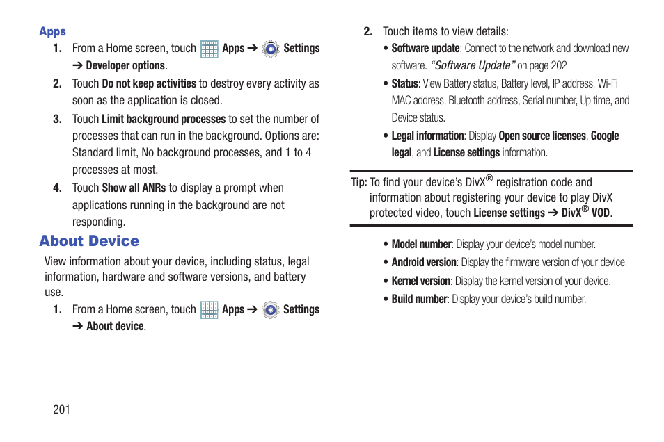 About device | Samsung GT-P5113TSYXAR User Manual | Page 206 / 242