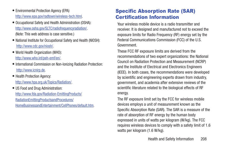 Specific absorption rate (sar), Certification information | Samsung GT-P5113TSYXAR User Manual | Page 213 / 242