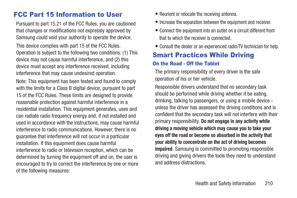 Fcc part 15 information to user, Smart practices while driving | Samsung GT-P5113TSYXAR User Manual | Page 215 / 242