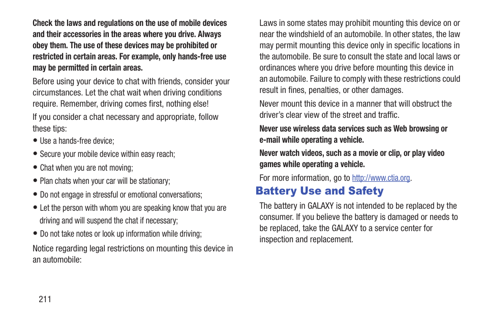 Battery use and safety | Samsung GT-P5113TSYXAR User Manual | Page 216 / 242