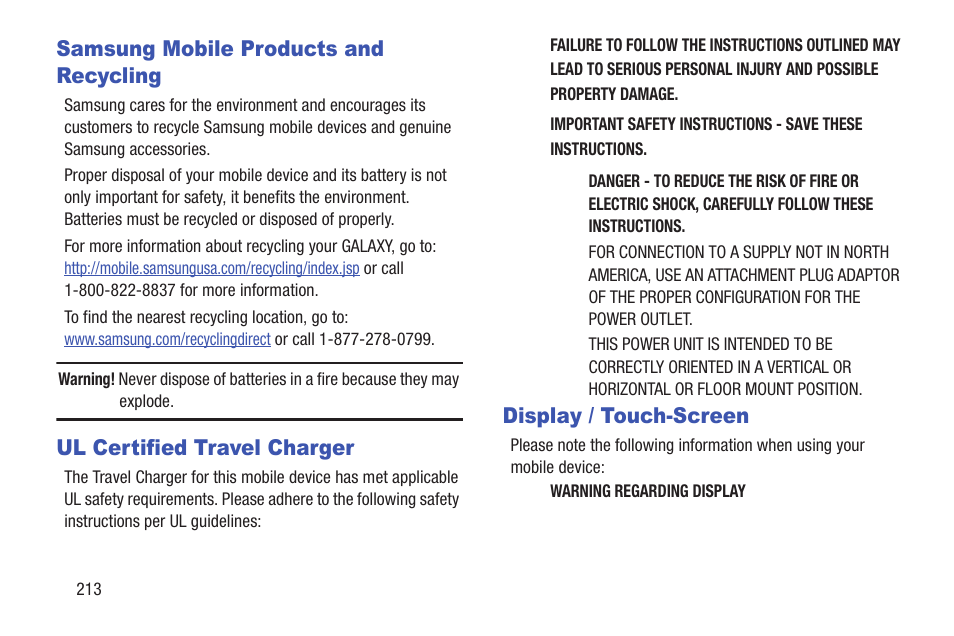Samsung mobile products and recycling, Ul certified travel charger, Display / touch-screen | Samsung GT-P5113TSYXAR User Manual | Page 218 / 242