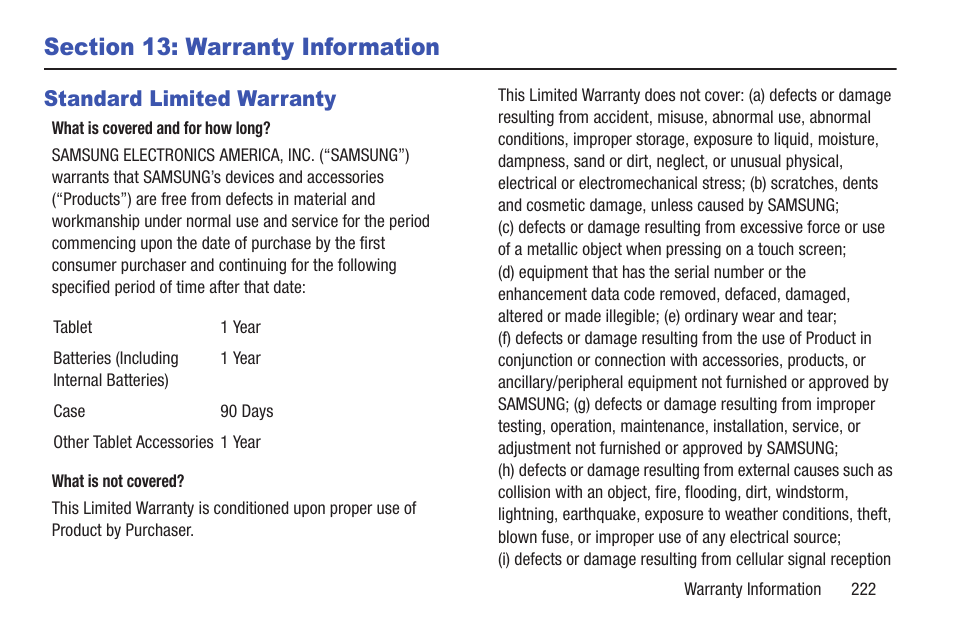 Section 13: warranty information, Standard limited warranty | Samsung GT-P5113TSYXAR User Manual | Page 227 / 242