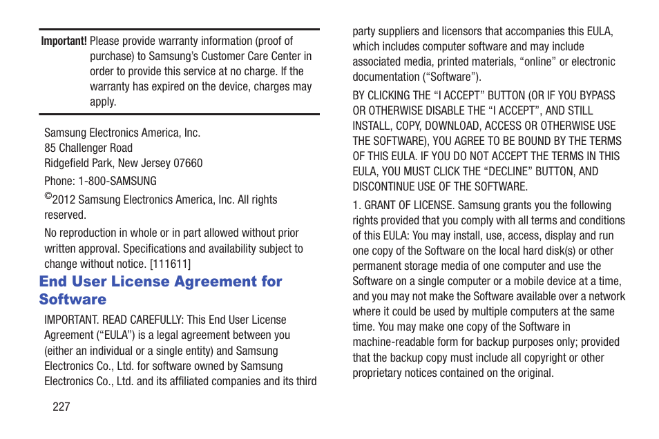 End user license agreement for software | Samsung GT-P5113TSYXAR User Manual | Page 232 / 242