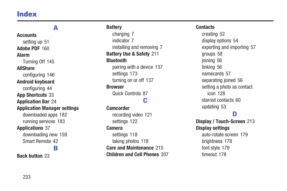 Index | Samsung GT-P5113TSYXAR User Manual | Page 238 / 242