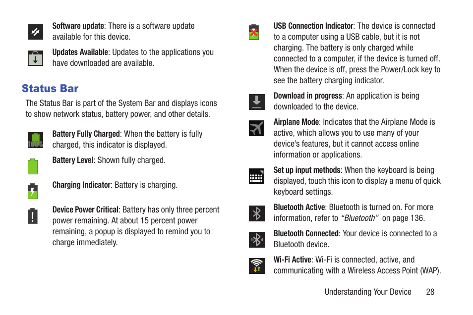 Status bar, Panel. for more information, refer to “status | Samsung GT-P5113TSYXAR User Manual | Page 33 / 242
