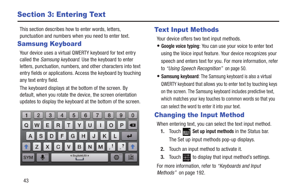 Section 3: entering text, Samsung keyboard, Text input methods | Changing the input method | Samsung GT-P5113TSYXAR User Manual | Page 48 / 242