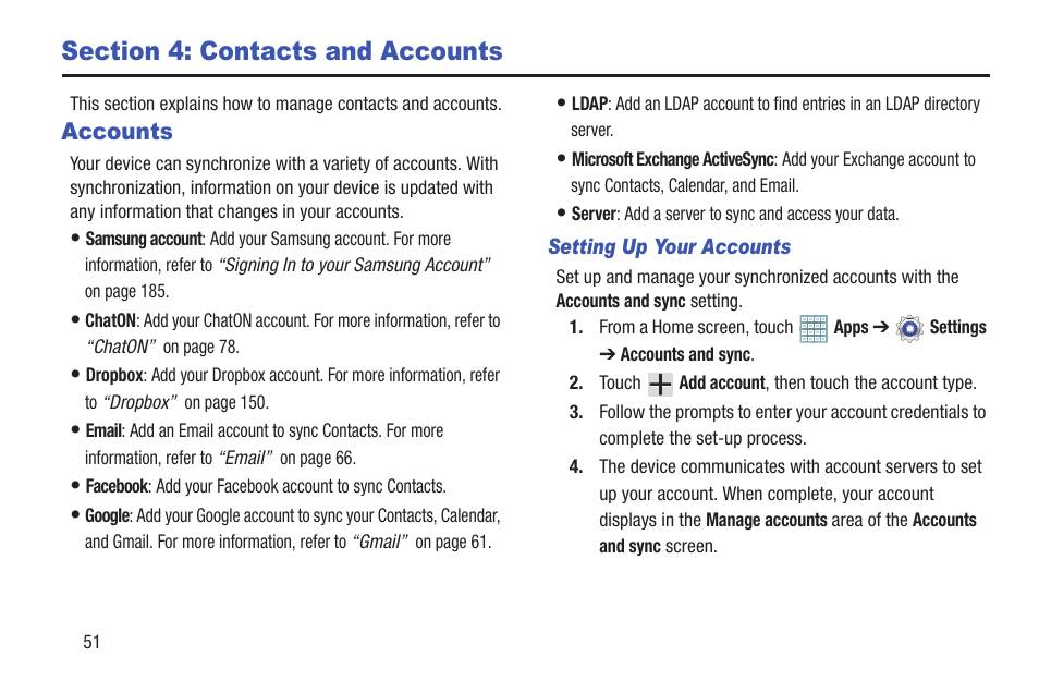 Section 4: contacts and accounts, Accounts | Samsung GT-P5113TSYXAR User Manual | Page 56 / 242