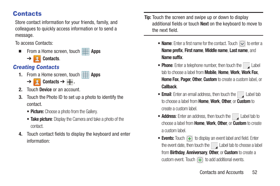 Contacts, S. for | Samsung GT-P5113TSYXAR User Manual | Page 57 / 242
