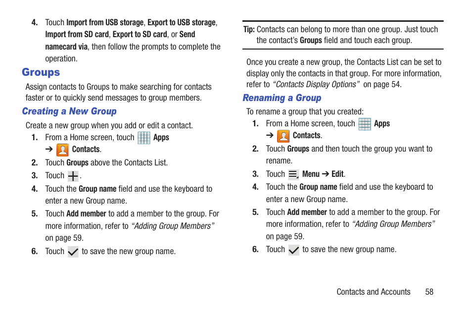 Groups, Up. for | Samsung GT-P5113TSYXAR User Manual | Page 63 / 242