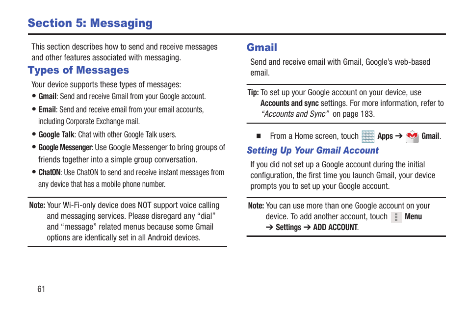 Section 5: messaging, Types of messages, Gmail | Types of messages gmail, For more information, refer, For more | Samsung GT-P5113TSYXAR User Manual | Page 66 / 242